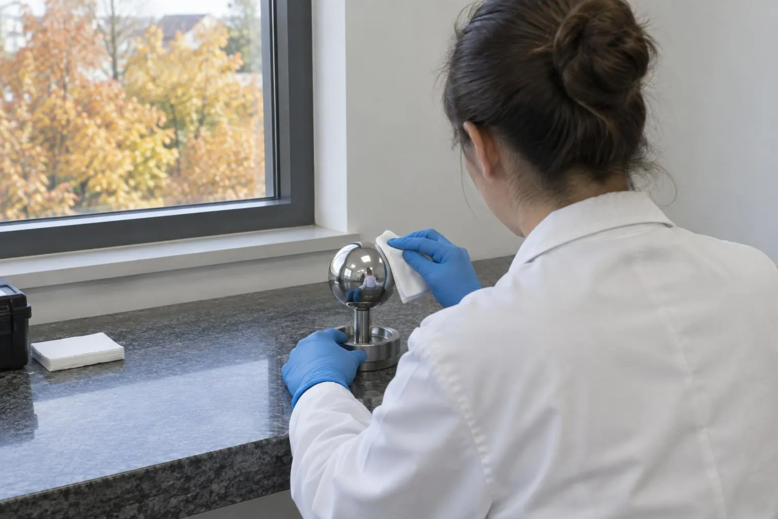 A gloved calibration technician cleans a mounted steel reference sphere at a granite preparation bench.