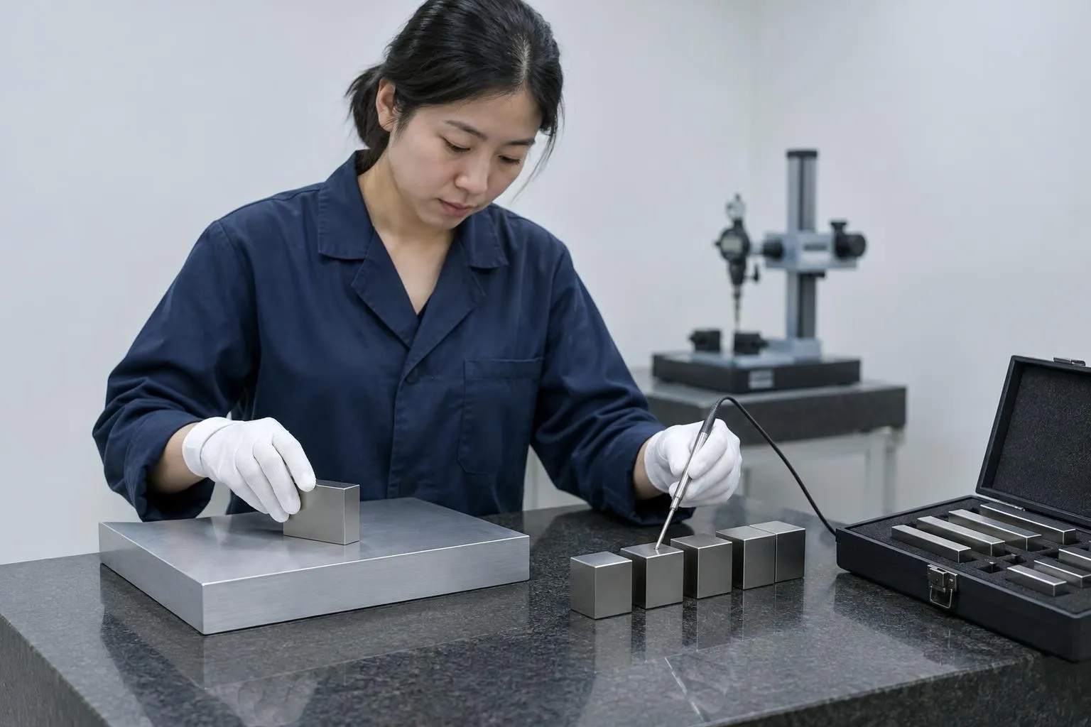 A technician in white gloves lays a steel gauge block on a soak plate beside a row of blocks on a granite surface plate.