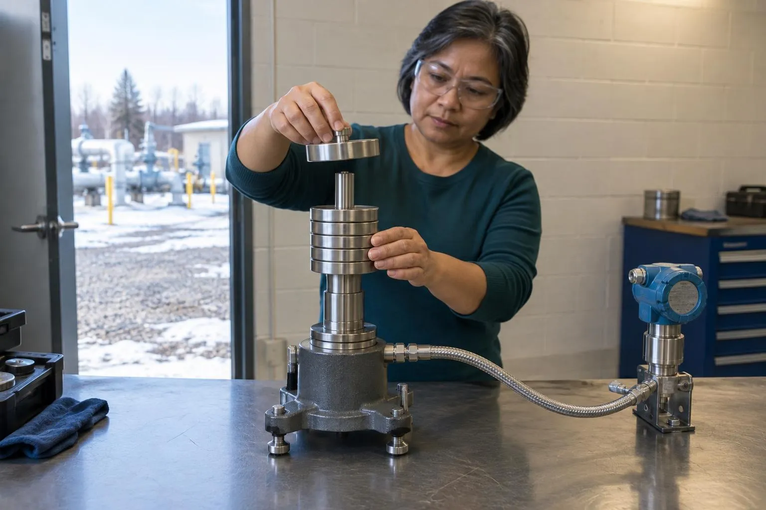 Technician's hands lower a steel disc weight onto a deadweight pressure tester connected to a pipeline transmitter in a winter shop.