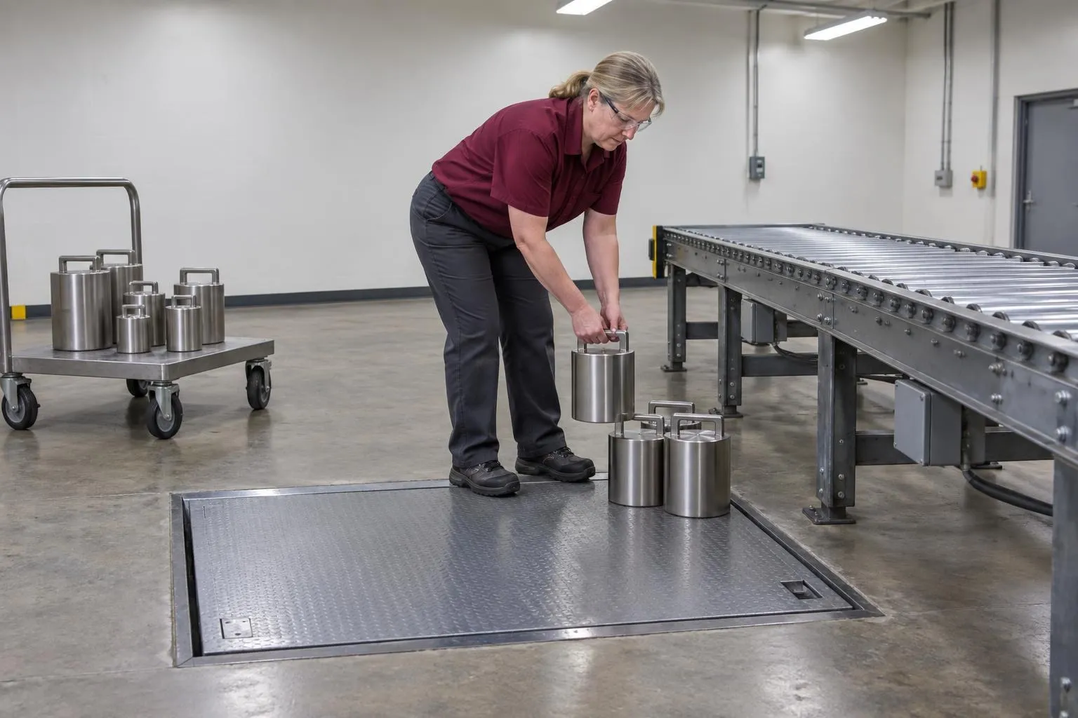 A field calibration technician places a reference mass on a recessed floor scale beside a packaging conveyor.