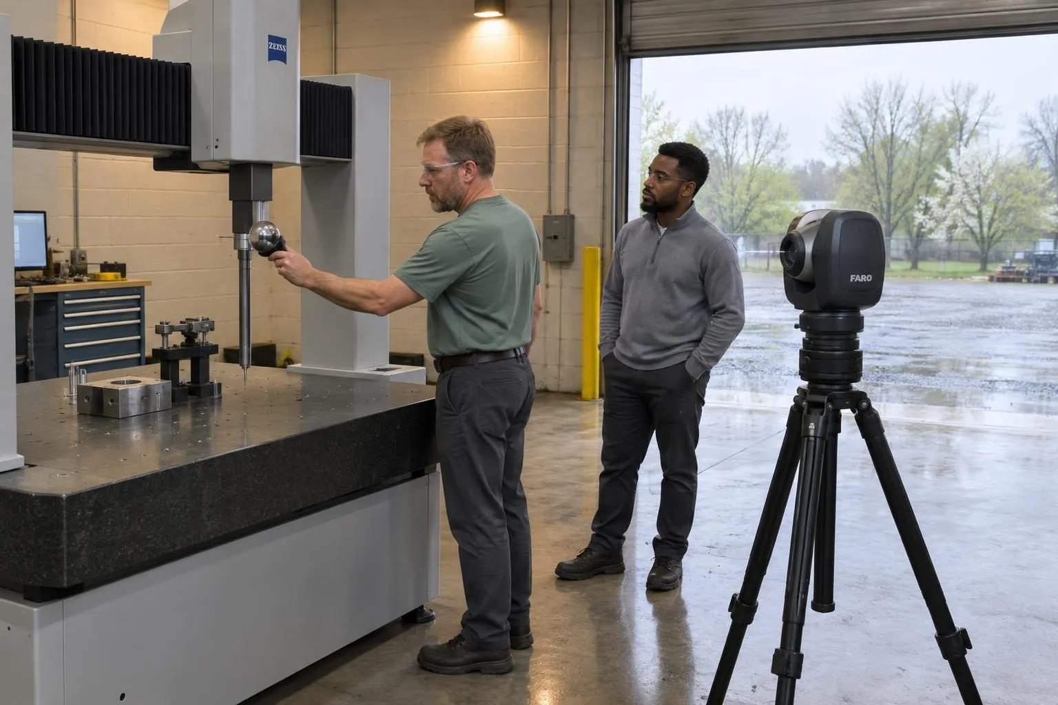 Technician holds a reflector to a large measuring machine's ram as a laser tracker on a tripod aims at it on a factory floor.