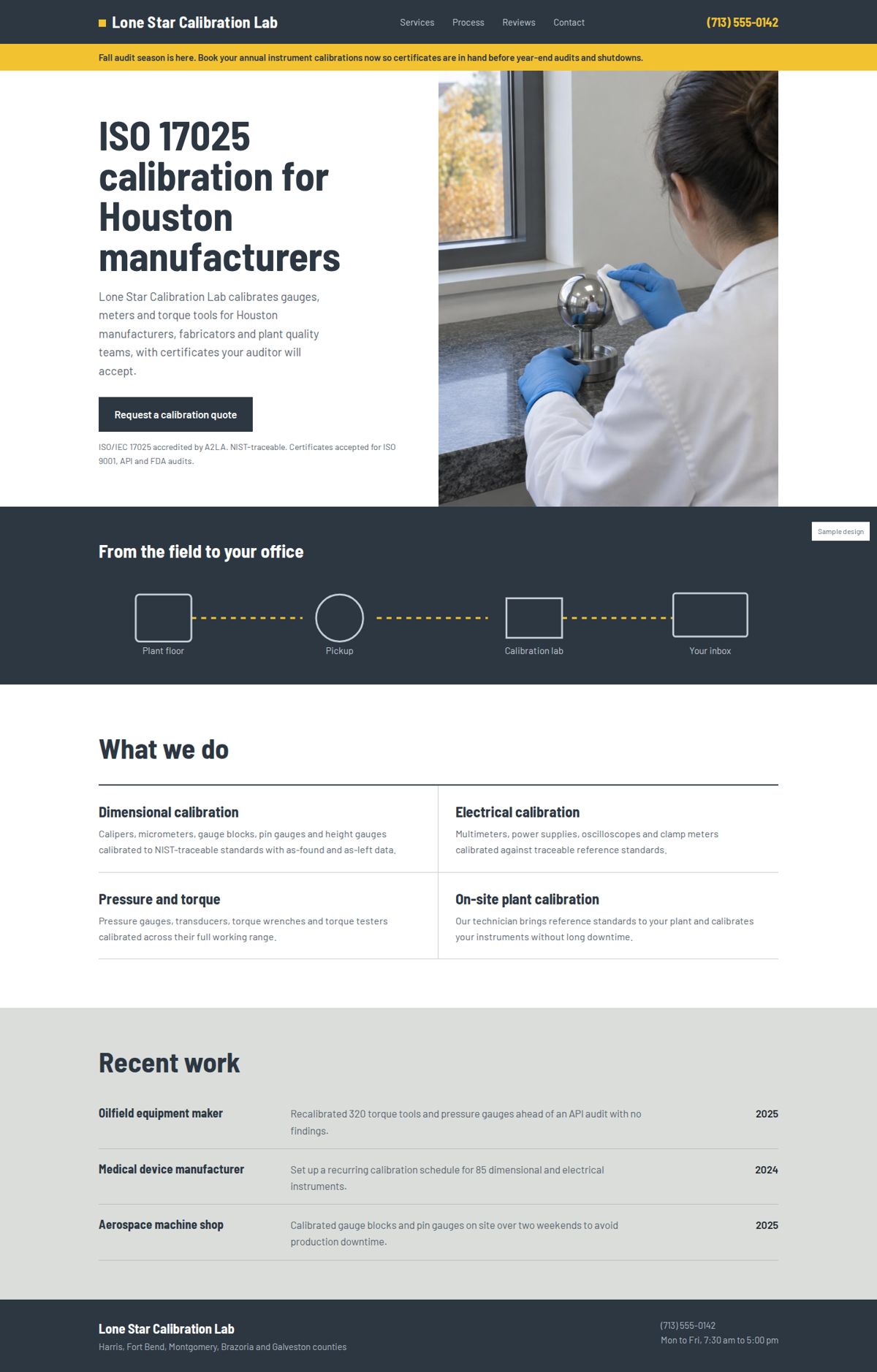 Full page of a sample business website, desktop view